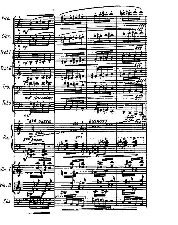 Figure 2-16: Measures 128-131 of Baile (violins 1 and 2, and double bass parts).