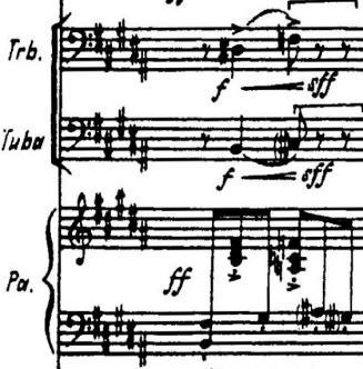 Figure 2-49: Measure 92 of Son (trombone, tuba, and piano parts).