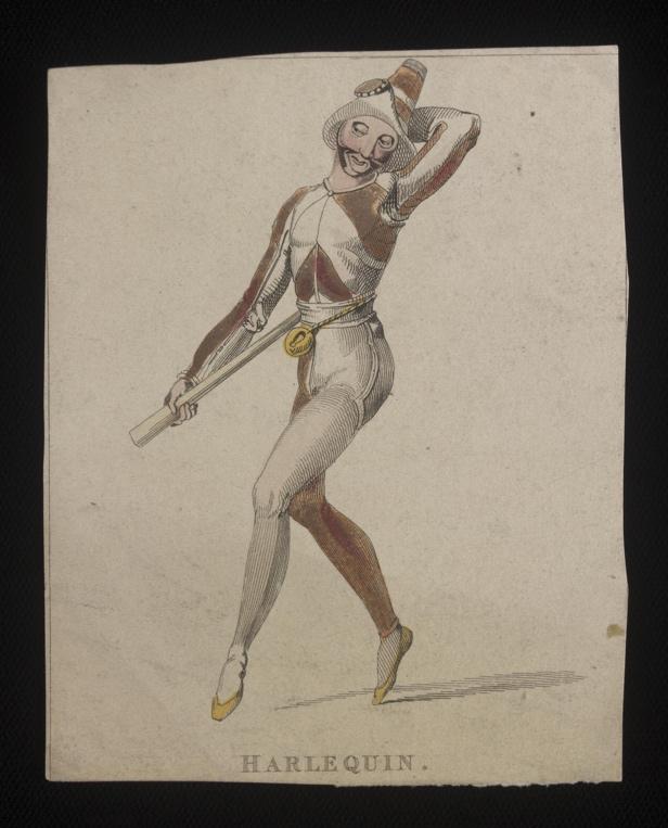 image pictured below is a 1700s painting of Harlequin, which shows him in a semi-traditional costume and holding his habitual baton. Illustration 14: Engraving of Harlequin, ca.
