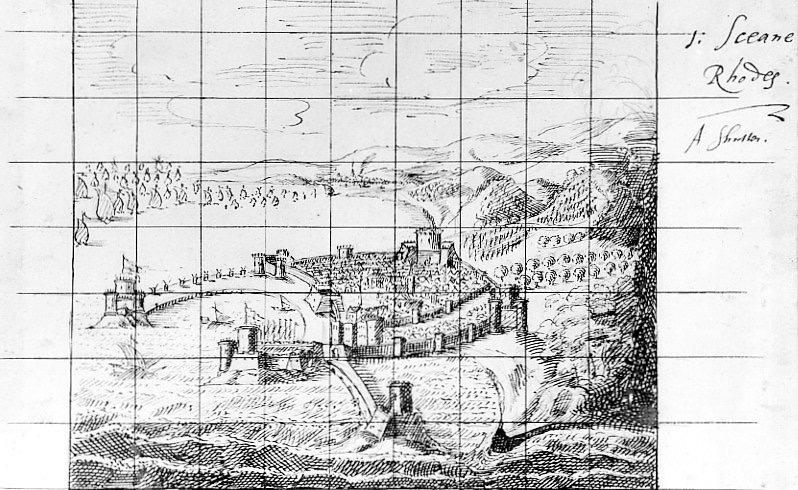 Illustration 2: The Siege of Rhodes. Design for shutters. John Webb.Held by The Trustees of Chatsworth Settlement. Prospect of Rhodes.
