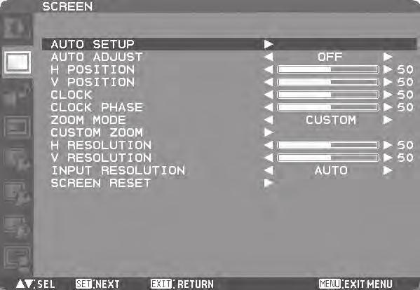 OSD screen functions (continued) SCREEN English AUTO SETUP * For the RGB3 and RGB4 inputs only.