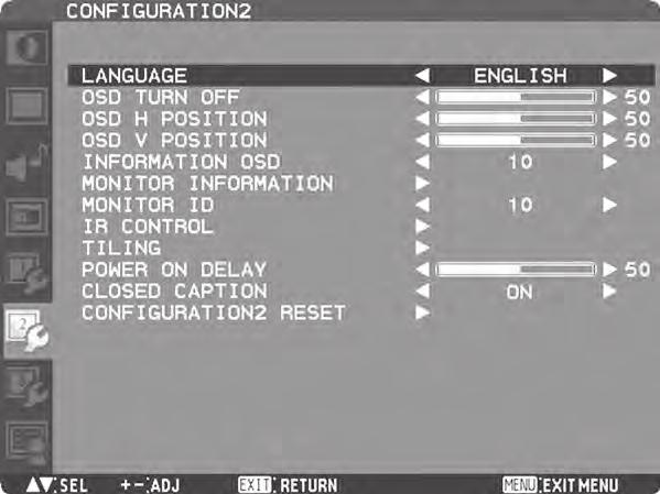 OSD screen functions (continued) CONFIGURATION2 English LANGUAGE OSD control menus are available in eight languages.