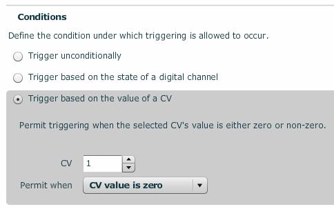Channel variable while condition A schedule can be configured to run when a single channel variable is either zero or non zero.