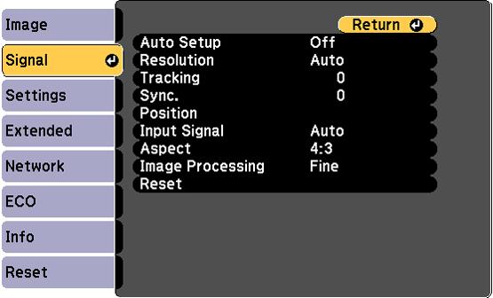 Input Signal Settings - Signal Menu Normally the projector detects and optimizes the input signal settings automatically. If you need to customize the settings, you can use the Signal menu.