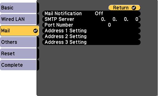 3. Select Network Configuration and press Enter. 4. Select the Mail menu and press Enter. 5. Turn on Mail Notification. 6. Enter the IP address for the SMTP Server option.