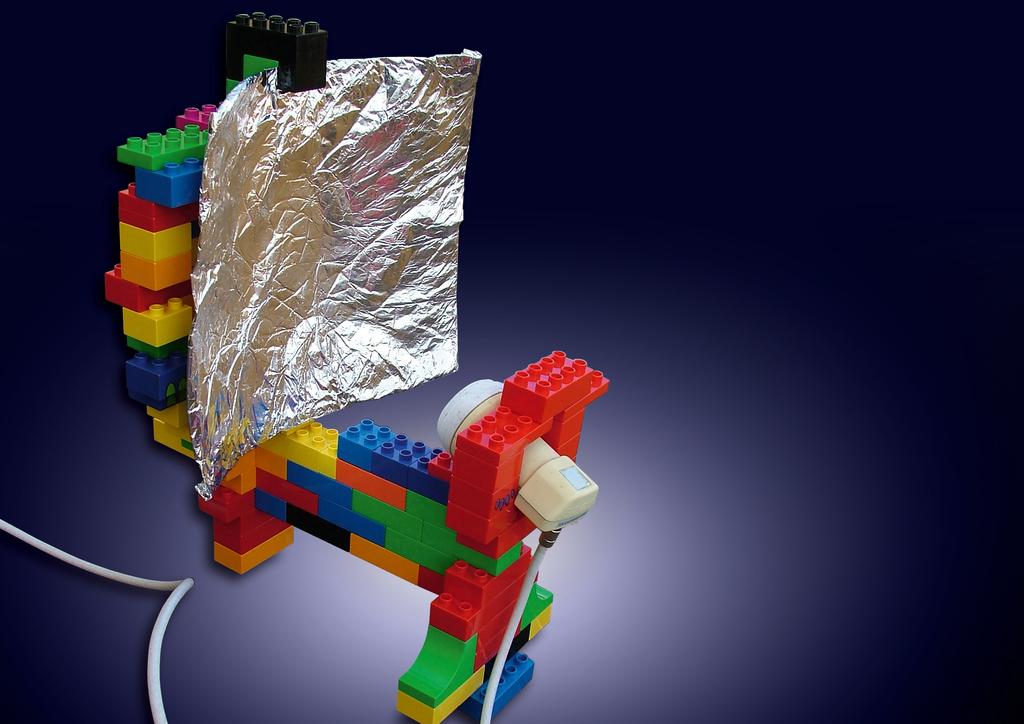 Selfmade Dish Lego Antenna Satellite reception system made from Legos and aluminum foil.