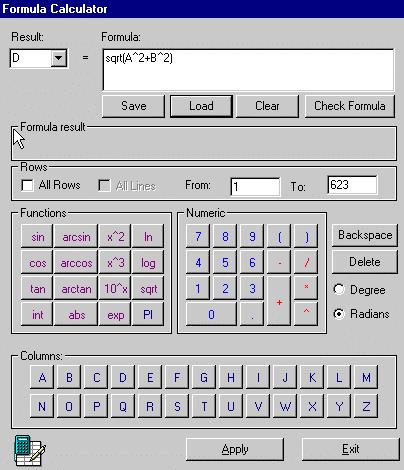 Tables 8 Formula Calculator : Result ( ) Formula : Columns Backspace Delete (.fml) Load (.