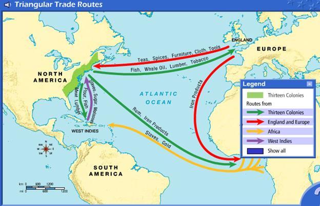 DOCUMENT TWO: MAP ANALYSIS 1. The map above shows trade routes between which continents? (Hint there are 4) 2. What was shipped from colonies in North America to Europe and Africa? 3.