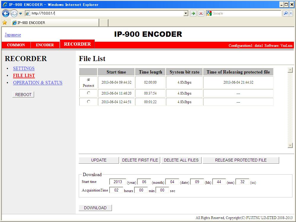 3.4.2 File List * This function is enabled only when the device operation mode is encoder mode. Chapter 3 Web Operation Click FILE LIST in the left frame of the Web screen.