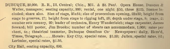 The Miner director was the source book for planning theatrical tours in the 19 th century in the US. Listing of the Steyer Opera House, Decorah, Iowa. Notice the lack of mention of grooves.