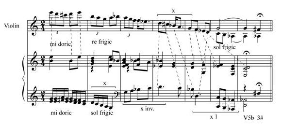 74-86), in terms of developmental climax, brings the synthesis of the two themes, assigned this way: on the piano, reflexes of the I-st theme, on the violin, the consequent of the second theme.