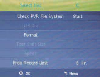 Recording Operation PVR settings 1. PVR File System Press the MENU button, select SETUP menu, and select PVR File System, then press OK button to enter the setting menu.
