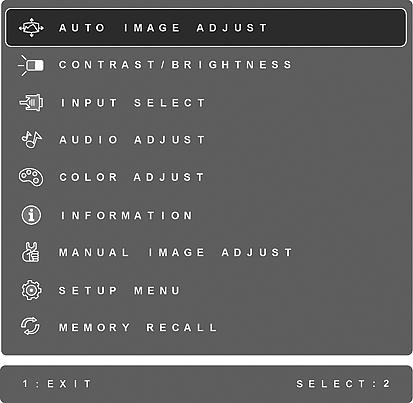 Do the following to adjust the display setting: 1. To display the Main Menu, press button [1]. NOTE: All OSD menus and adjustment screens disappear automatically after about 15 seconds.