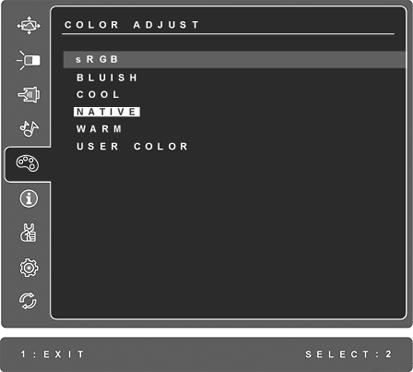 Control Explanation Color Adjust provides several color adjustment modes, including preset color temperatures and a User Color mode which allows independent adjustment of red (R), green (G), and blue