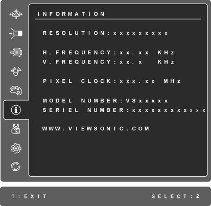 Control Explanation Information displays the timing mode (video signal input) coming from the graphics card in the computer, the LCD model number, the serial number, and the ViewSonic website URL.