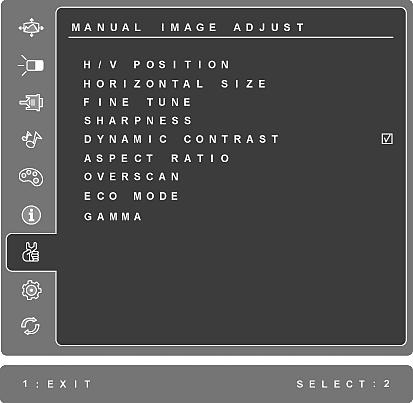 NOTE: VESA 2560 x 1440 @ 60Hz (example) means that the resolution is 2560 x 1440 and the refresh rate is 60 Hertz. Manual Image Adjust displays the Manual Image Adjust menu. H./V.