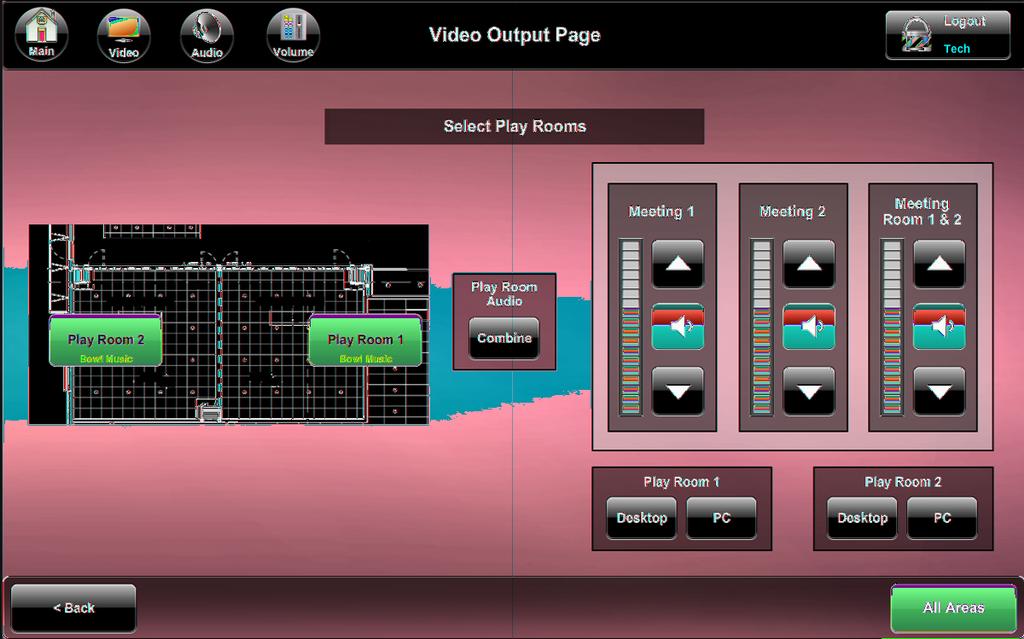 Meeting/Play Rooms The Meeting or Play Rooms have the volume option for video and audio routing