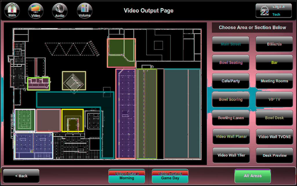 To affect both rooms simultaneously, use the Combine button and Meeting/Play Room 1&2 volume control.