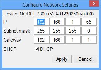 Device Network Configuration allows reconfiguration of instrument local area network settings such as IP, subnet mask, or gateway.
