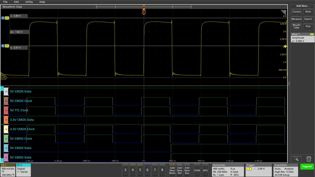 FIGURE 3. Probe color coding matches waveform color coding, making it easier to see which signals corresponds to which test point.