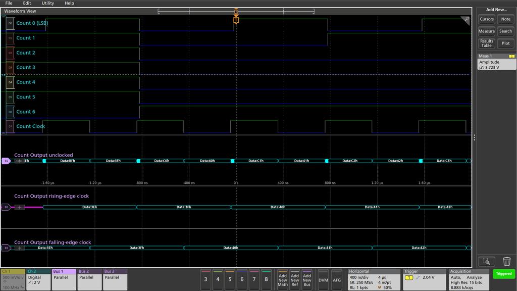FIGURE 4. Example of a timing acquisition on the MDO/MSO Series. Three parallel buses have been defined and decoded using the device s clock signal.