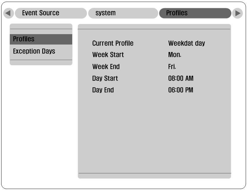 4.7. Profiles > The recording schedule is divided by weekday day, weekday night, weekend day and weekend night. Users can configure start and end time of each schedule.