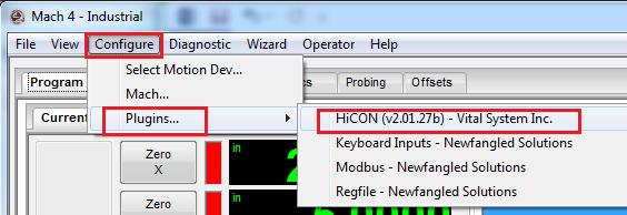 6. The HICON Plugin Configuration window can be accessed by going to the Mach4 main window, then the following menu sequence (from the top of the main window) Configure->Plugins->HiCON.