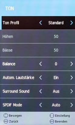 7. The Main Menu 7.3 Sound In this menu you can set up basic settings for the TV sound. Use default settings or set your own values. Sound profile Treble Bass Balance Auto.