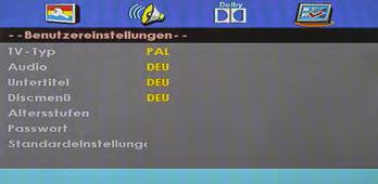 8. DVD operation Dolby Digital settings Dynamic This option is used to control the compression ratio and thus to improve the sound. User settings TV type Choose between PAL, Multi or NTSC.