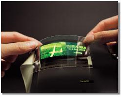 175 mm thick sheet of plastic: resolution of 80 dpi, 64 levels of grey scale and can show full motion video.