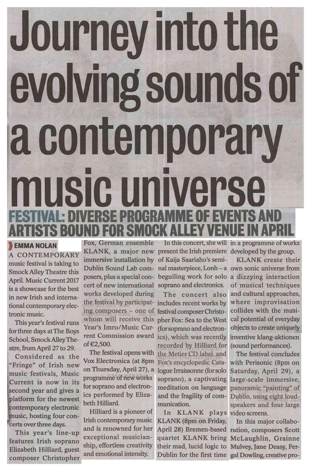 Dublin City Gazette* -12- Circulation: 19000 Area of Clip: 78100mm² Page 1 of 3 Journey into the evolving sounds of a contemporary music universe FESTIVAL: DIVERSE PROGRAMME OF EVENTS AND ARTISTS