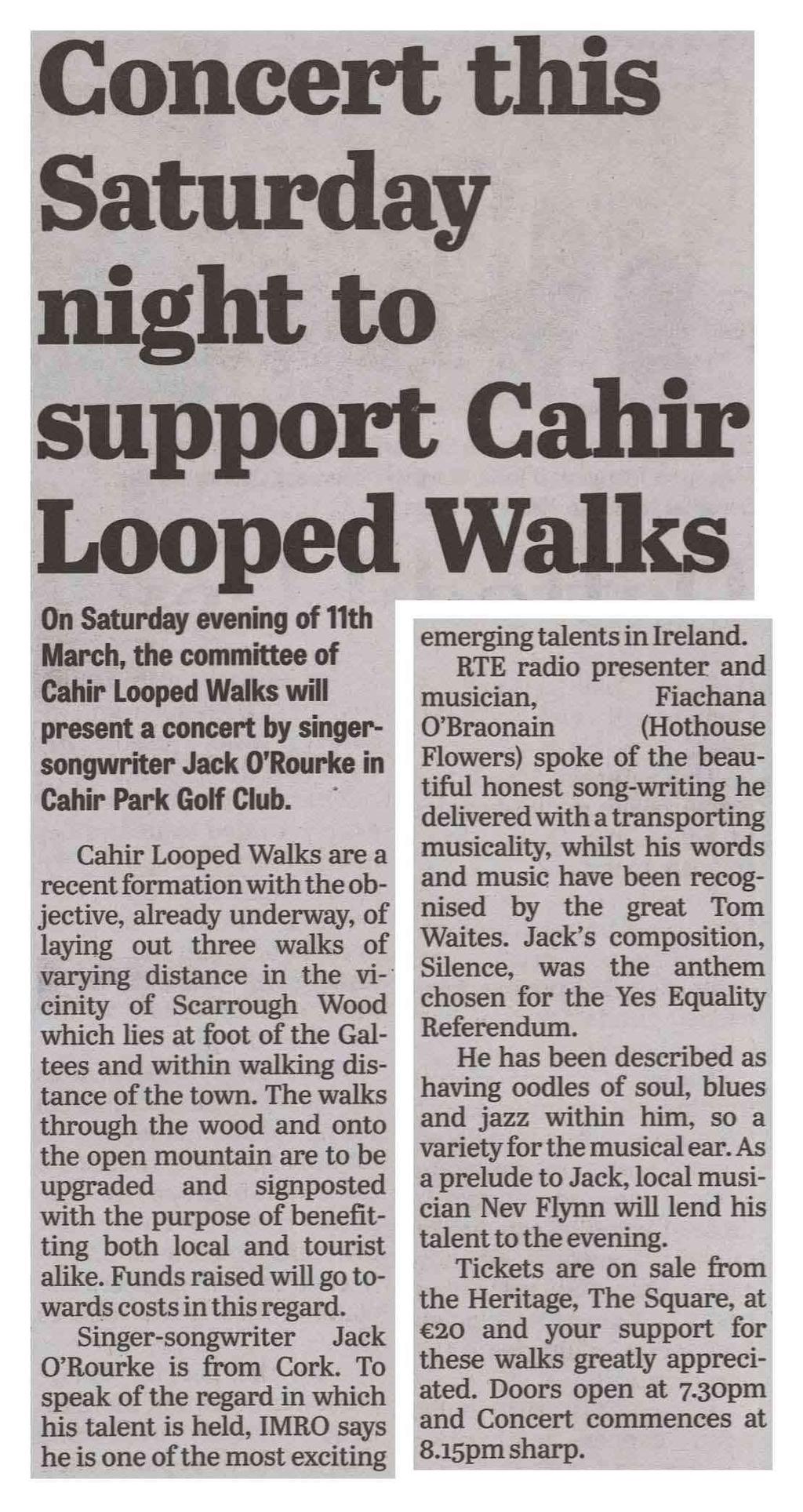 Cahir Looped Walks are a recent formation with the objective, already underway, of laying out three walks of varying distance in the vicinity of Scarrough Wood which lies at foot of the Galtees and