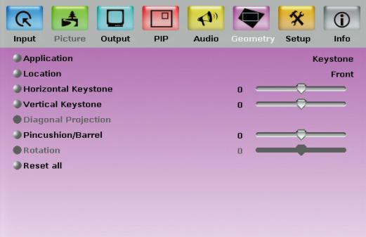 7.6 The Geometry Screen Figure 19: Geometry Screen Setting Function Default Application Select the output application: Keystone, Anyplace Keystone or Rotation Location Select the location of the
