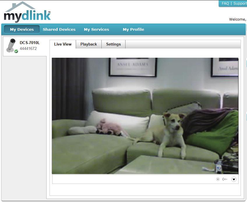 Section 3: mydlink Live Video In the main part of the screen, the Live Video tab will be selected by default. If the camera is available, a Live Video feed will be displayed.