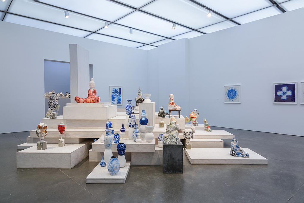 Installation view of gallery with Arlene Shechet s abacá prints, the installation Once Removed (1998), and various other sculptures, at the Institute of Contemporary Art, Boston (photo John Kennard)