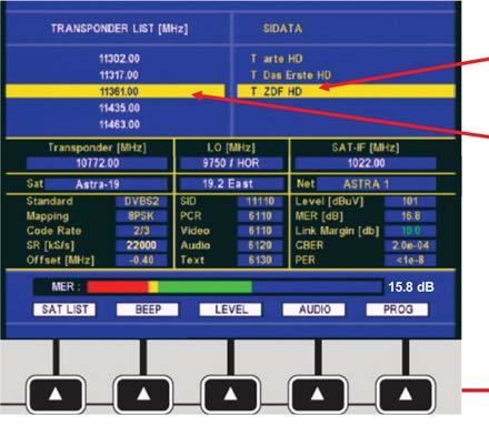 MEASURING FUNCTION: TP SCAN MODE Press the button to call up the measurement and transponder scan mode. All measurement results and information on the set transponder is shown in this menu.