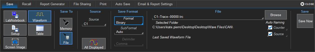 WaveSurfer 510 Oscilloscope Operator's Manual Save Waveform To File 1. From the menu bar, choose File > Save Waveform. 2. Choose to Save To File. 3. Choose the Source waveform.