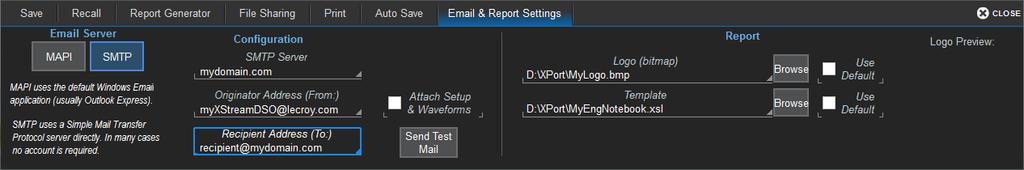Email & Report Settings Saving Data (File Functions) This dialog contains additional settings used by the File Sharing and Report Generator functions. Email Settings 1. Select to use MAPI or SMTP. 2.