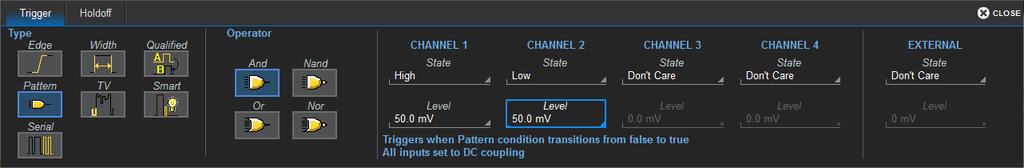 Acquisition Analog Pattern Tip: With the Mixed-Signal option, you can also use the Digital Pattern dialog to set an analog state pattern. Touch Set All To... and select Don't Care.