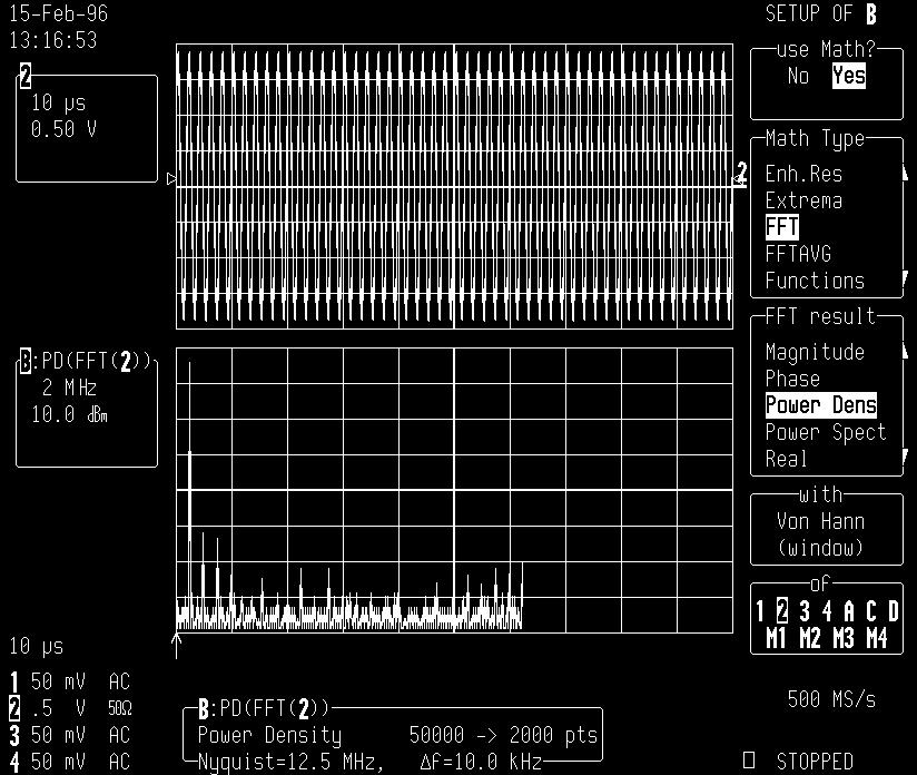 FFT Setup This example, illustrated below, shows how the oscilloscope maintains the display factor. A sampling rate of 25 MS/s would result in a full scale range of 12.5 MHz or 1.25 MHz/Div.