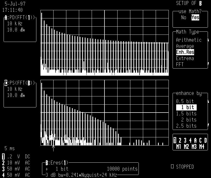 Appendix B Examples Low-pass Filtering This screen shows the spectrum of a square signal before (top grid) and after (bottom grid) enhanced resolution processing.