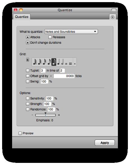 The Quantization Window 7. From the "Region" menu, select "Quantize". You should see this box.
