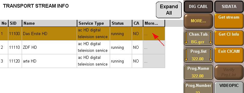 Here one can view apart from the SID (Service-ID), the programme names, the Service Type, the actual Status and