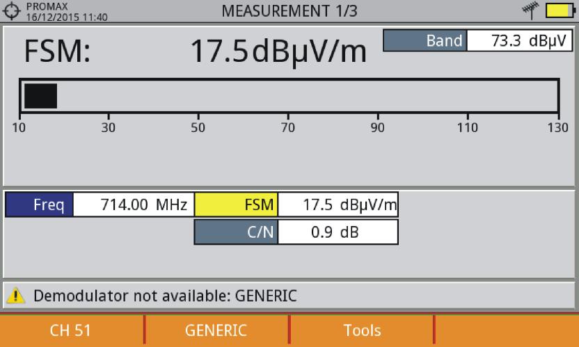 7.8.2 Operation The Field Strength tool is available for all signals received by the RF input. Connect the antenna to the RF input of the equipment. Select a channel or frequency. Press the Tools key.