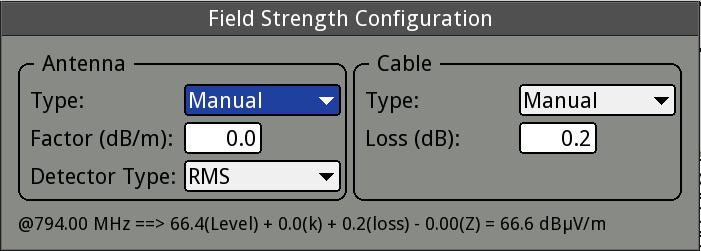 7.8.3 Settings The Field Strength configuration option allows the user to enter the correction factors for the antenna and cable used when measuring the field strength.