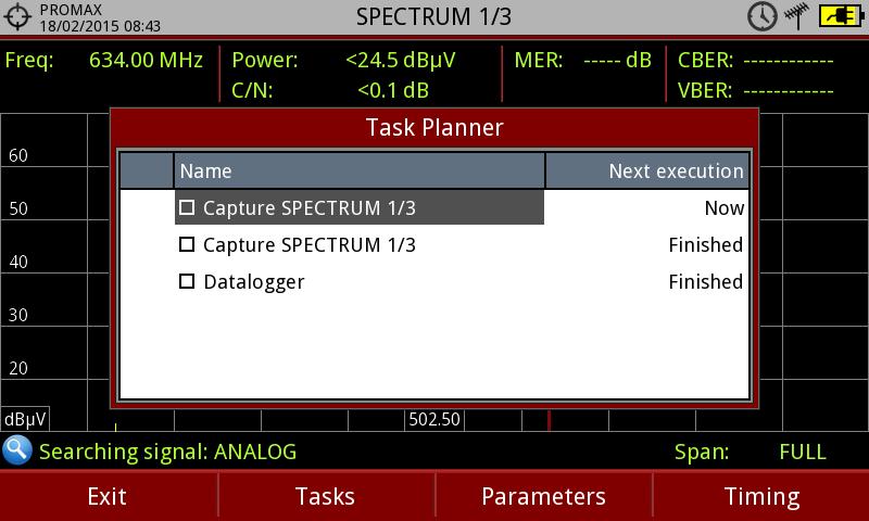 When saving the timer for the task, the upper right corner shows an icon of a clock indicating that the equipment has tasks pending to execute. Figure 61.