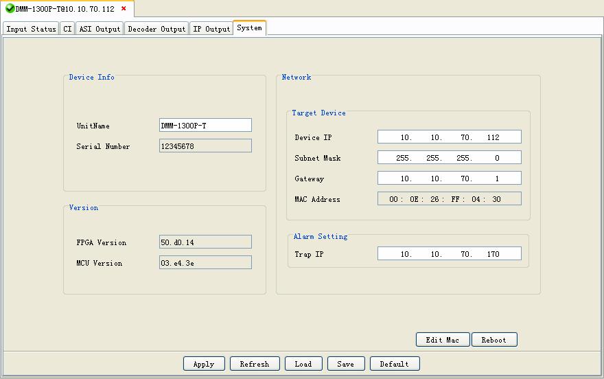 DMM-1000 PBI System menu. User can edit IP address and check some info about device. Device Info Unit Name: User can edit the unit name.