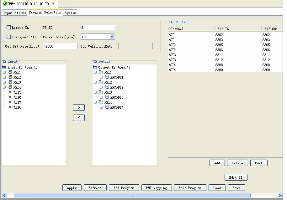 PBI DMM-1000 Program Selection menu Remove CA: If select this option, it will remove the CA descriptor in TS stream.