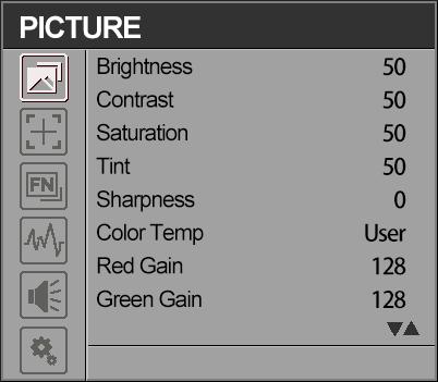 ITEMS OPTIONS Brightness 0 100 Contrast 0 100 Saturation 0 100 Tint 0 100 Sharpness 0 100 5500ºK /6500ºK/7500 ºK/9300 ºK/User Red Gain