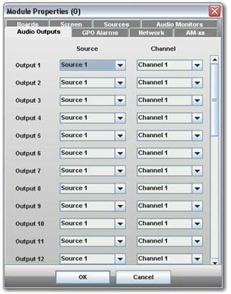 Audio Outputs Tab Outputs 1 to 32 - audio output channel selection controls.
